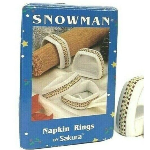 Sakura Snowman Christmas Napkin Rings Debbie Mumm Ceramic Set of 4 Vintage 1997 - Picture 2 of 4